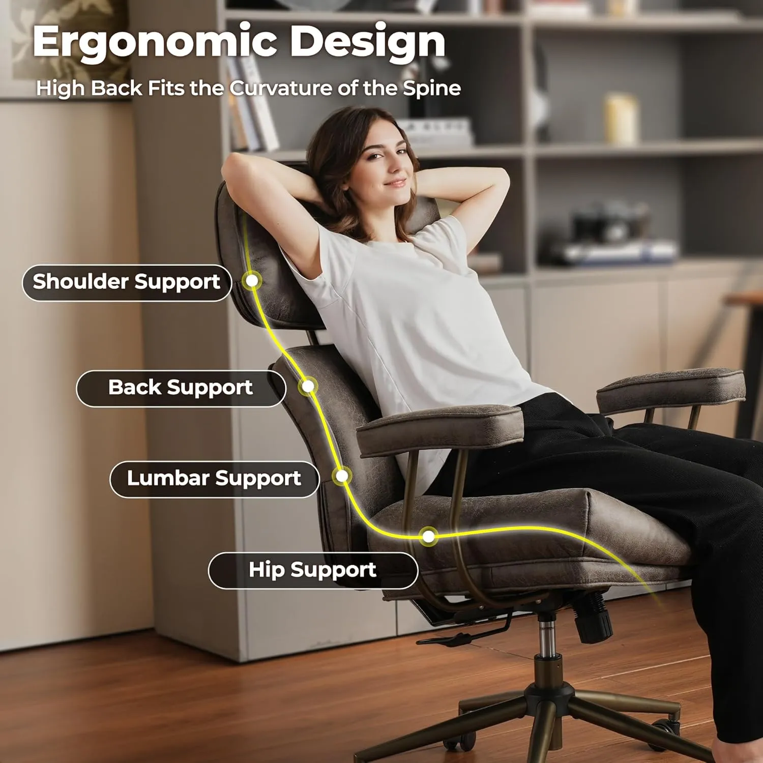 ovios Ergonomic Home Office Chair, Mid-Century Modern Faux Leather Chairs with Thickened Cushions, Comfy High Back Swivel Rolling Executive Computer Armchair (Dark Grey, Suede Leather)