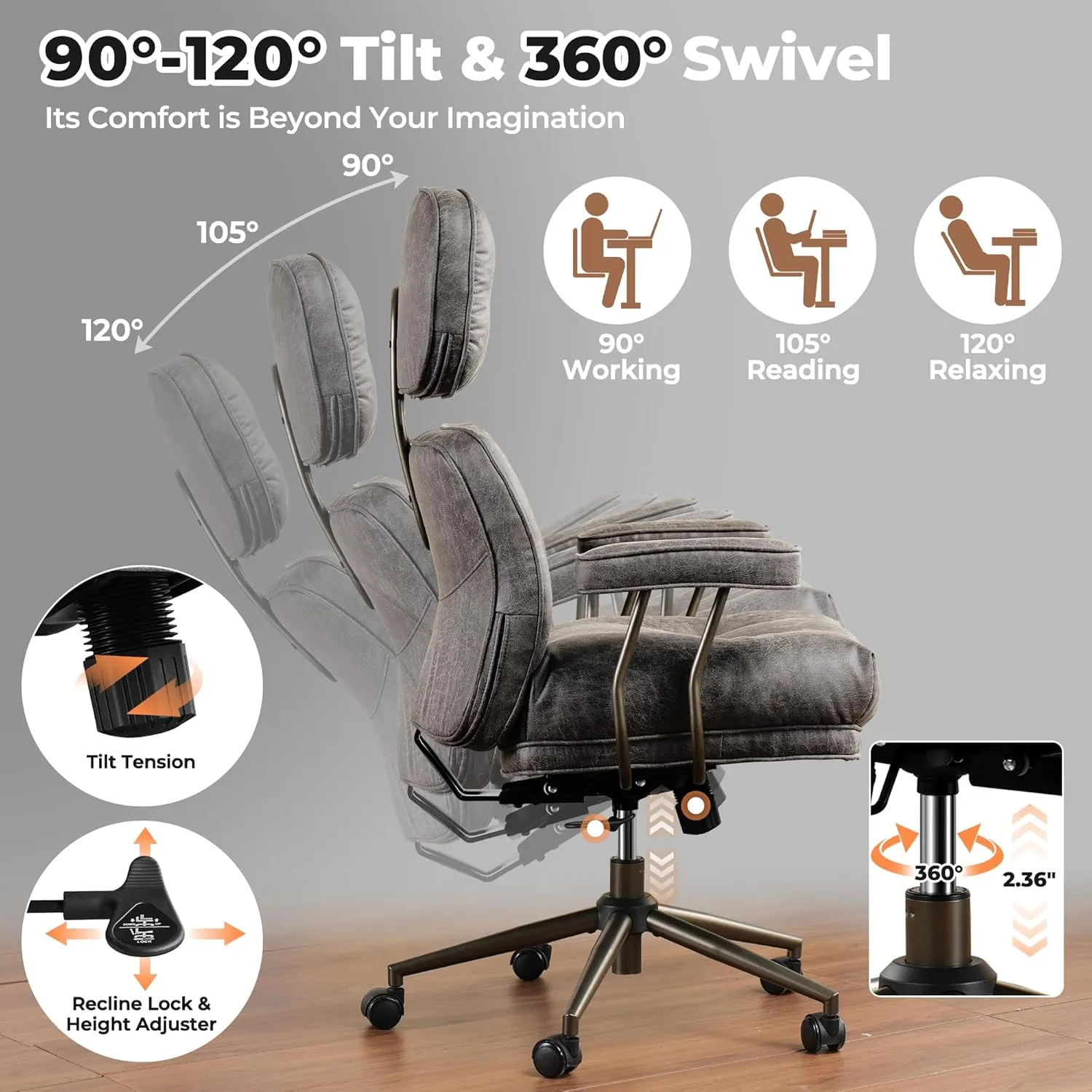 ovios Ergonomic Home Office Chair, Mid-Century Modern Faux Leather Chairs with Thickened Cushions, Comfy High Back Swivel Rolling Executive Computer Armchair (Dark Grey, Suede Leather)
