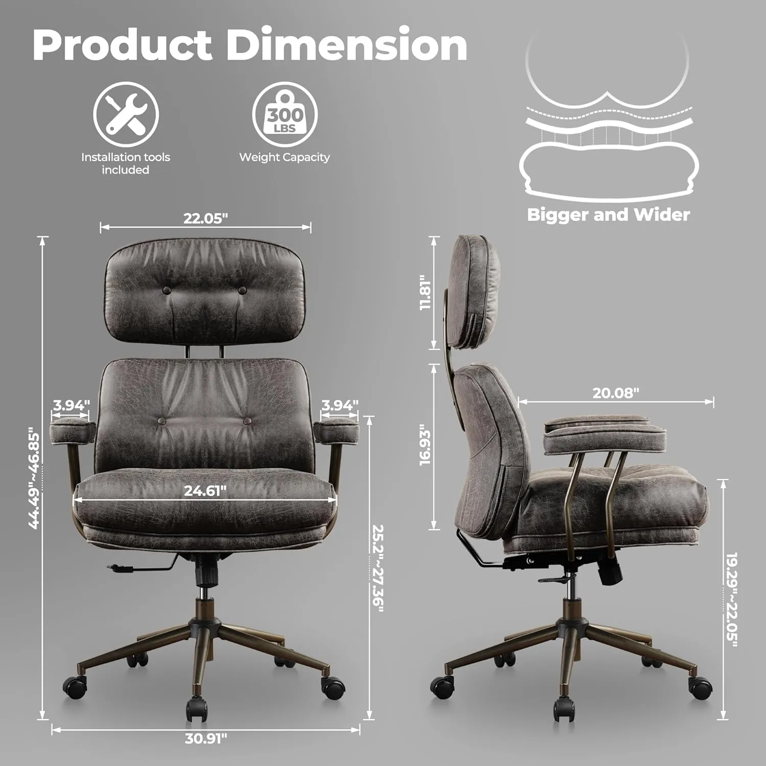 ovios Ergonomic Home Office Chair, Mid-Century Modern Faux Leather Chairs with Thickened Cushions, Comfy High Back Swivel Rolling Executive Computer Armchair (Dark Grey, Suede Leather)