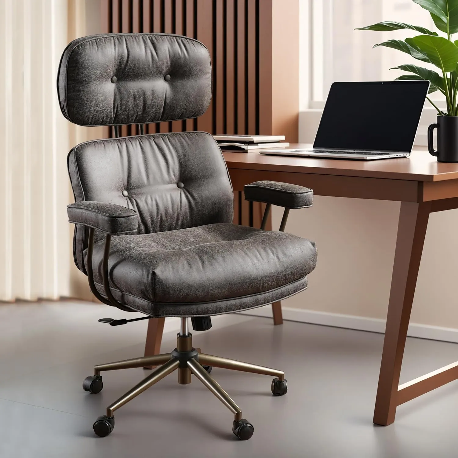 ovios Ergonomic Home Office Chair, Mid-Century Modern Faux Leather Chairs with Thickened Cushions, Comfy High Back Swivel Rolling Executive Computer Armchair (Dark Grey, Suede Leather)