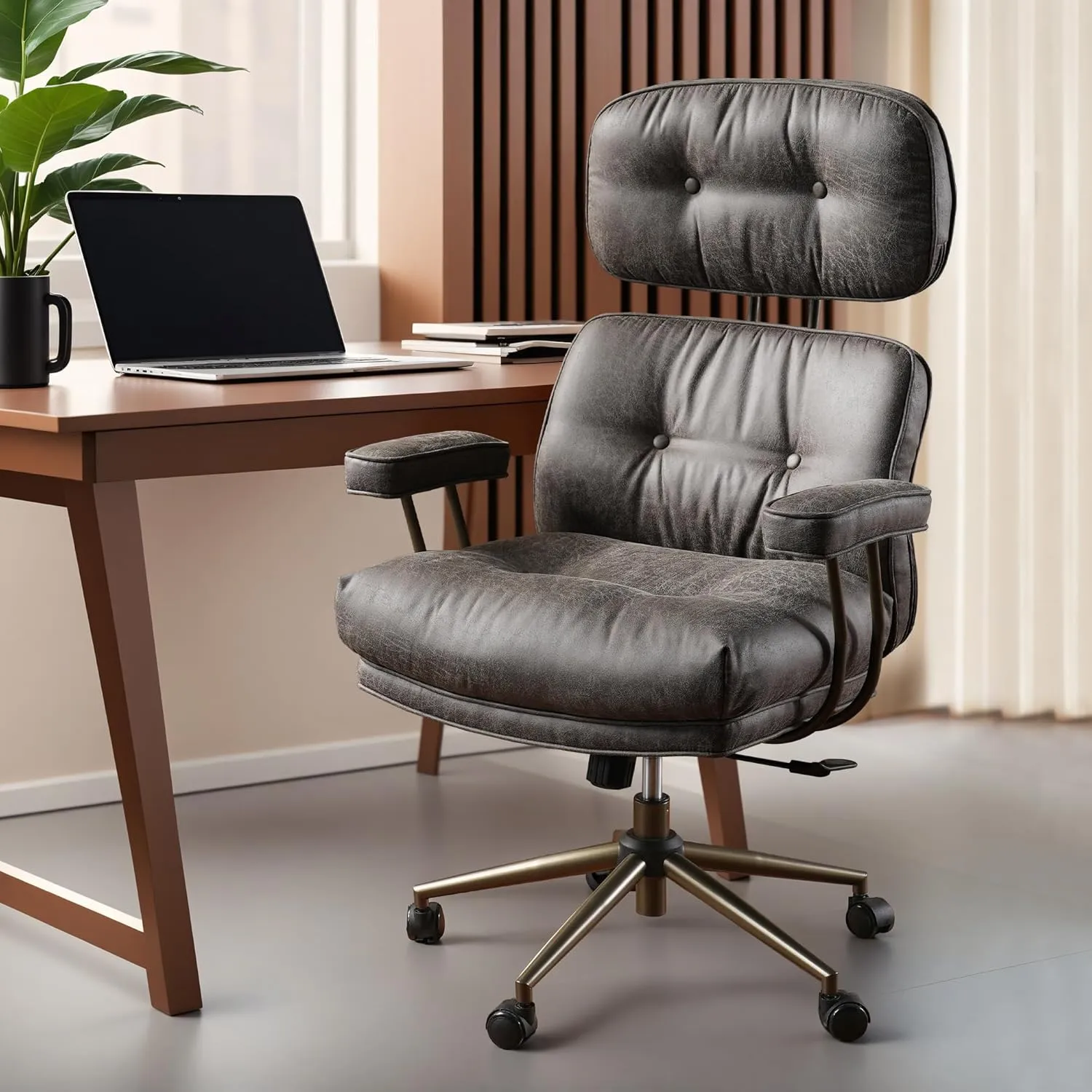 ovios Ergonomic Home Office Chair, Mid-Century Modern Faux Leather Chairs with Thickened Cushions, Comfy High Back Swivel Rolling Executive Computer Armchair (Dark Grey, Suede Leather)