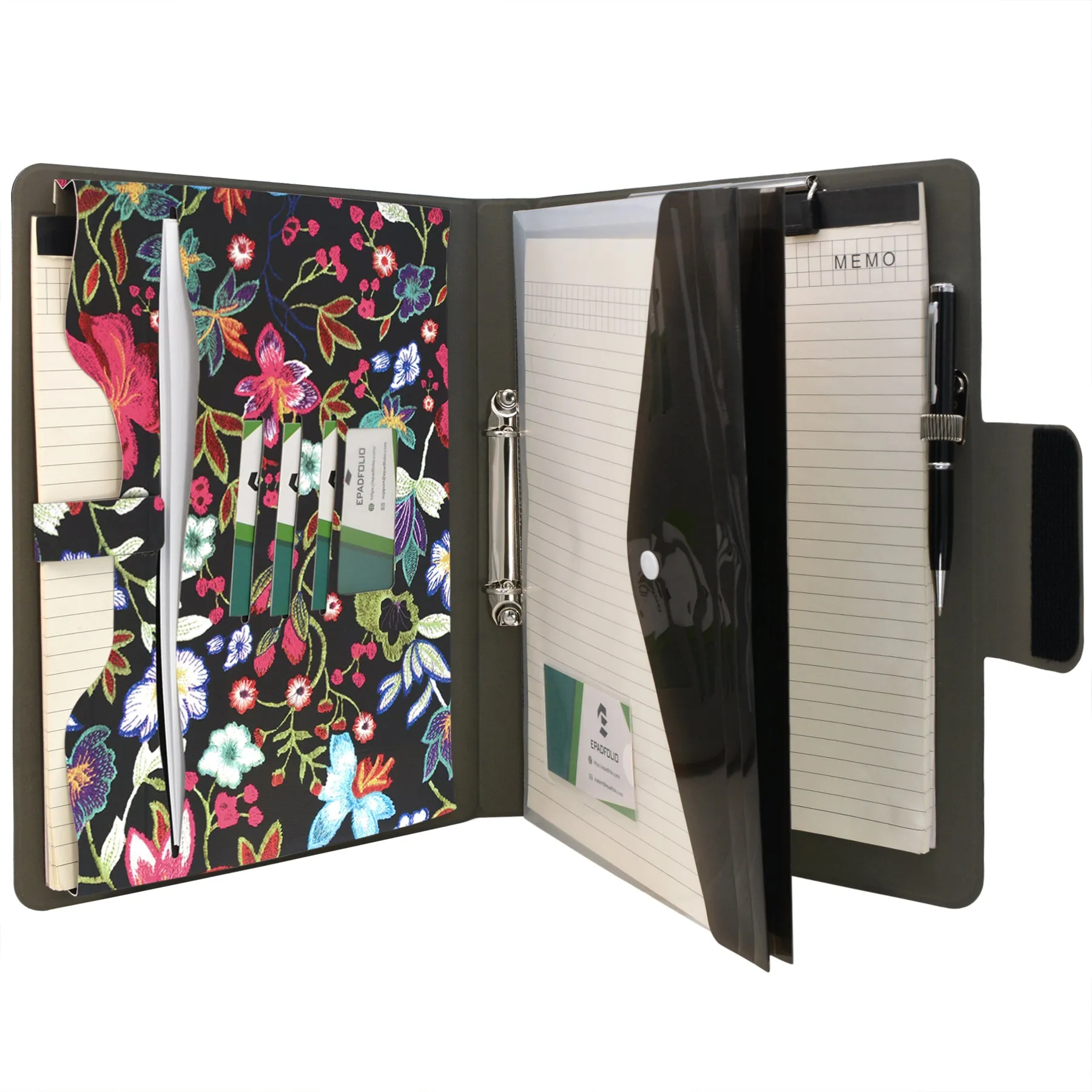 Padfolio Ring Binder with Expanded Document Bag, Flower Texture PU Leather Organizer Portfolio with 2-Ring Binder and Clipboard