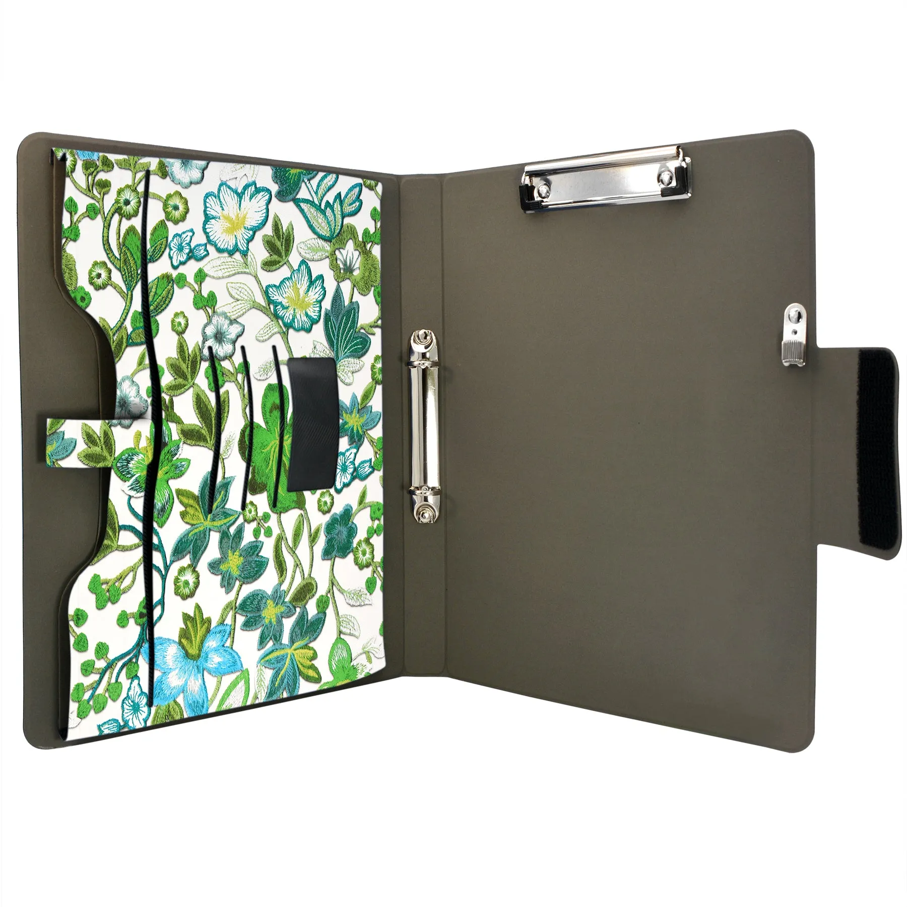 Padfolio Ring Binder with Expanded Document Bag, Flower Texture PU Leather Organizer Portfolio with 2-Ring Binder and Clipboard