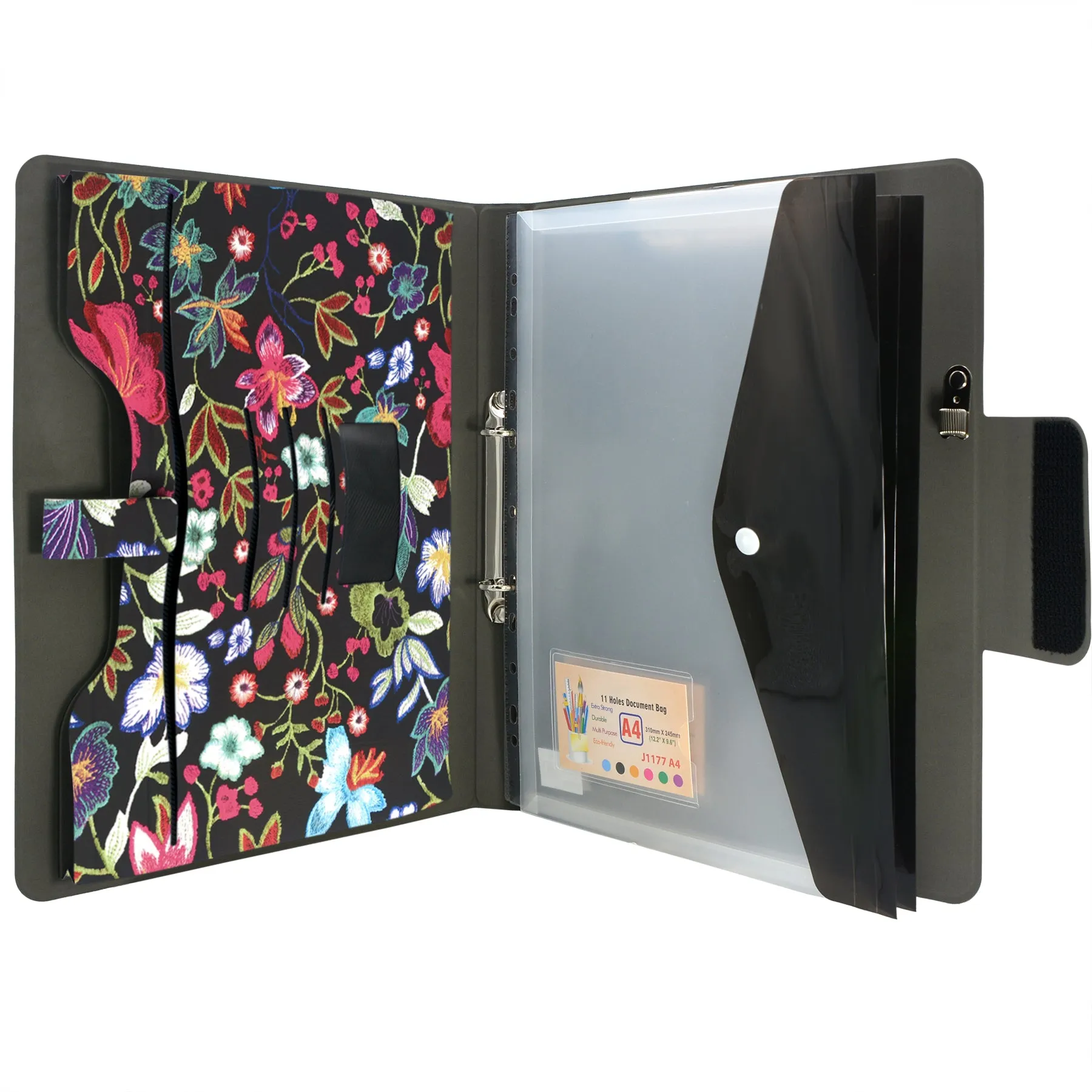 Padfolio Ring Binder with Expanded Document Bag, Flower Texture PU Leather Organizer Portfolio with 2-Ring Binder and Clipboard