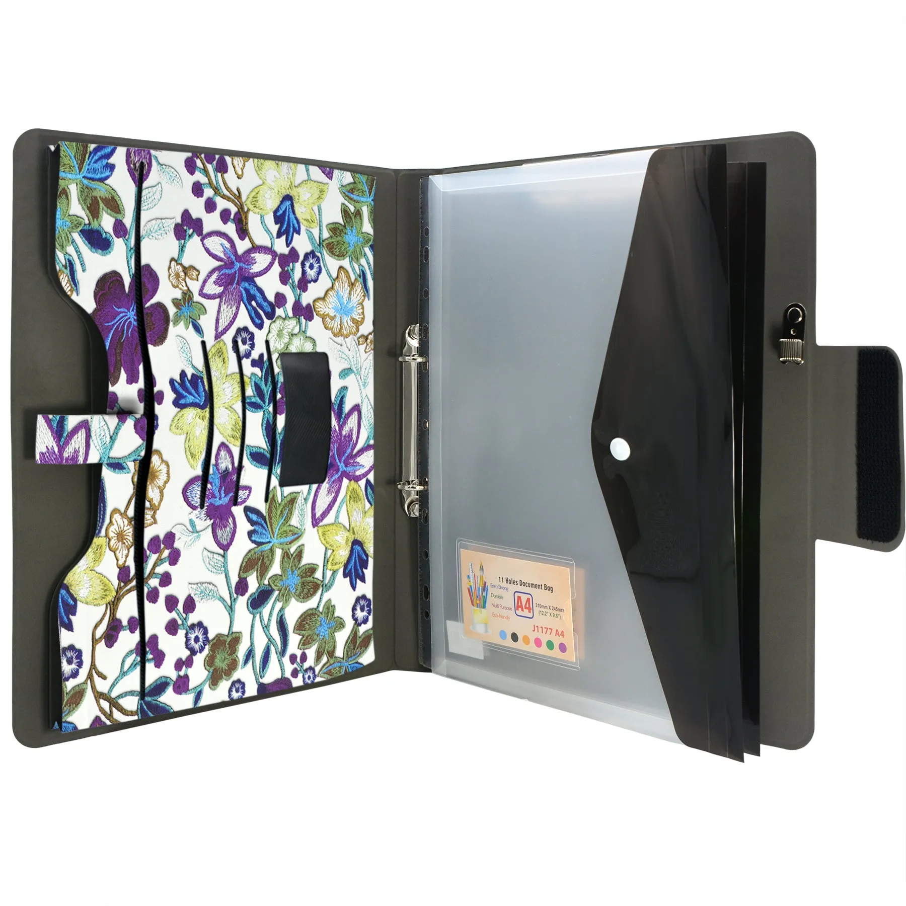 Padfolio Ring Binder with Expanded Document Bag, Flower Texture PU Leather Organizer Portfolio with 2-Ring Binder and Clipboard