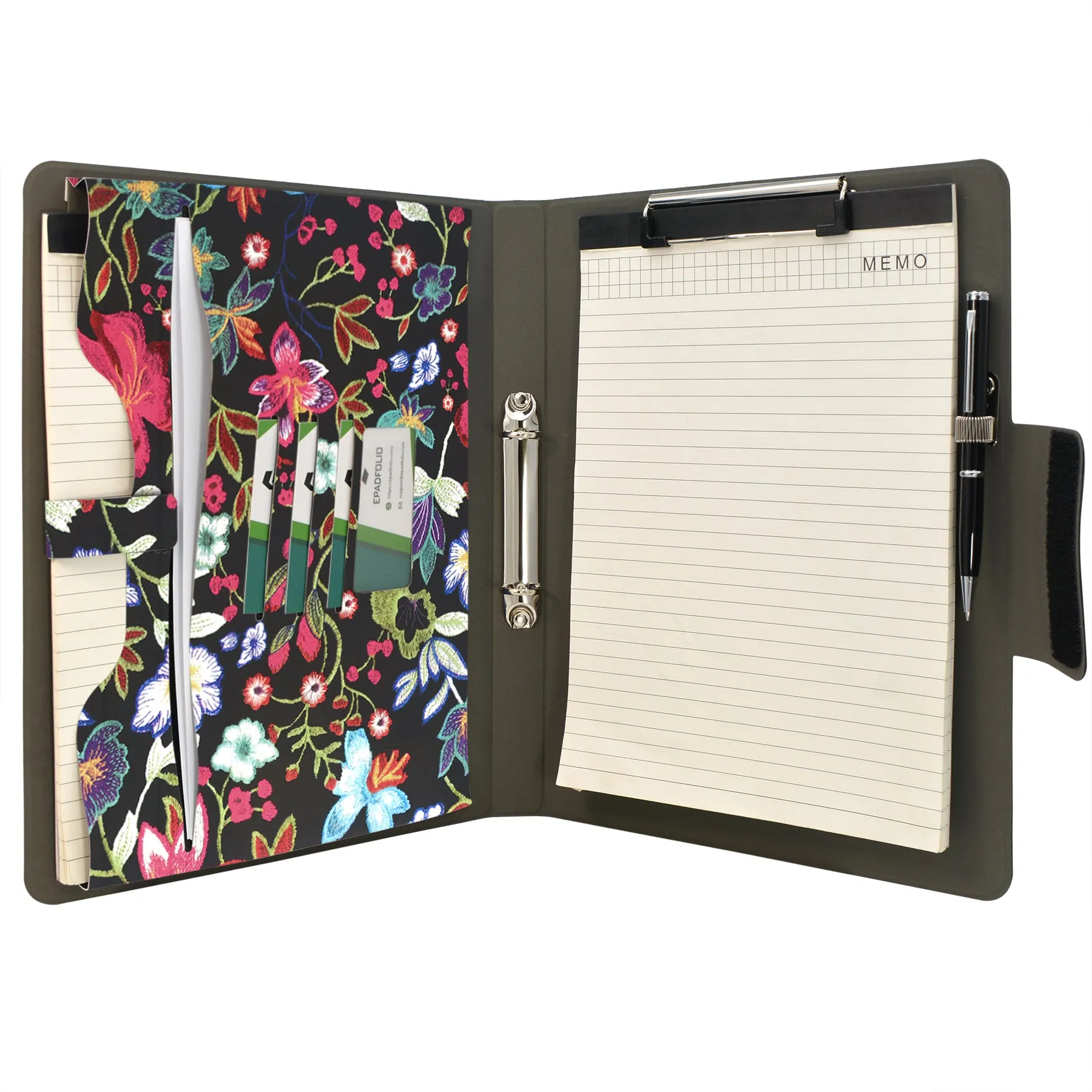 Padfolio Ring Binder with Expanded Document Bag, Flower Texture PU Leather Organizer Portfolio with 2-Ring Binder and Clipboard