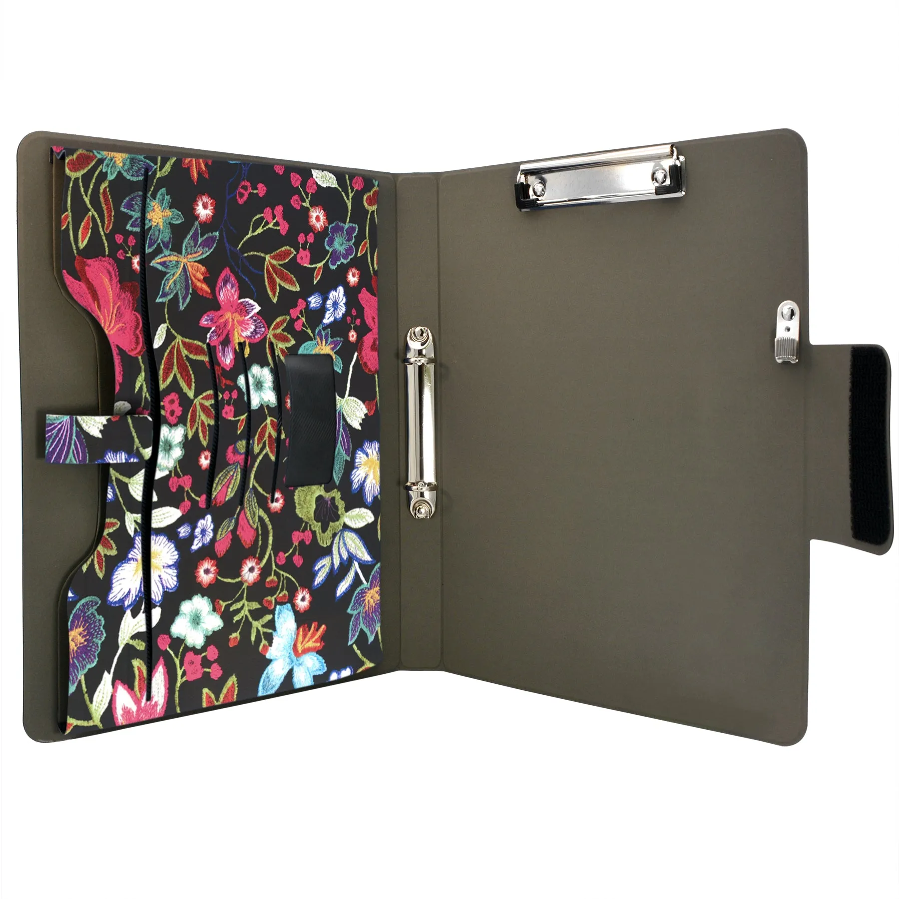 Padfolio Ring Binder with Expanded Document Bag, Flower Texture PU Leather Organizer Portfolio with 2-Ring Binder and Clipboard