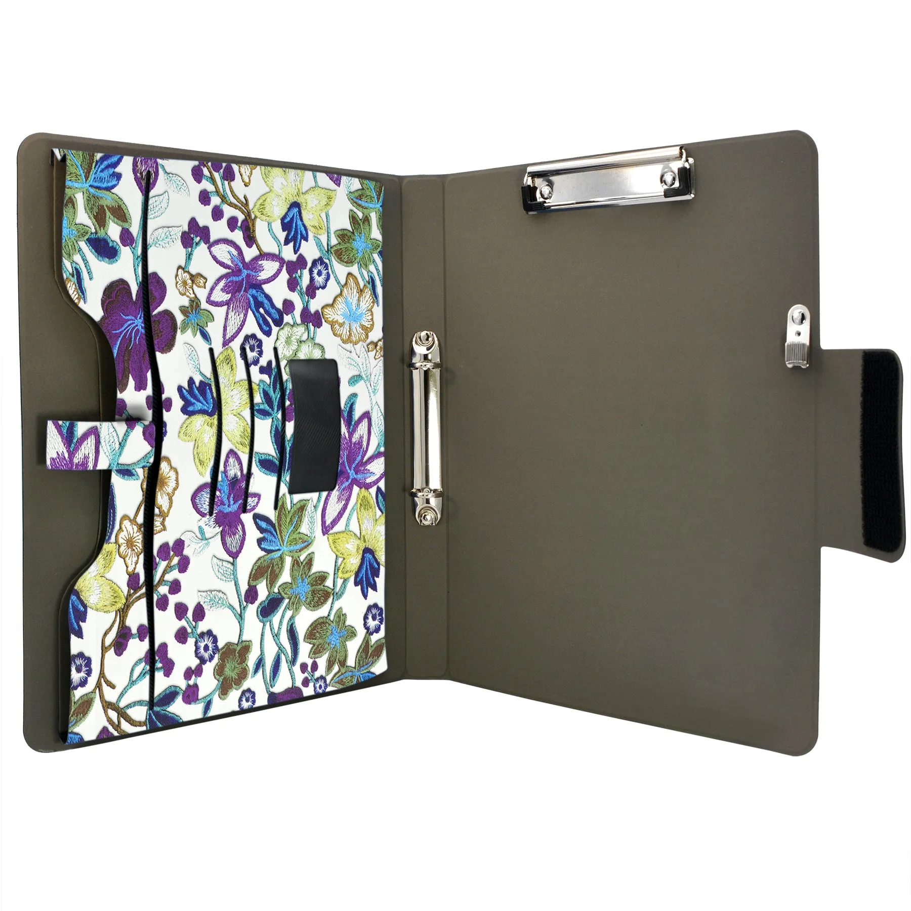 Padfolio Ring Binder with Expanded Document Bag, Flower Texture PU Leather Organizer Portfolio with 2-Ring Binder and Clipboard