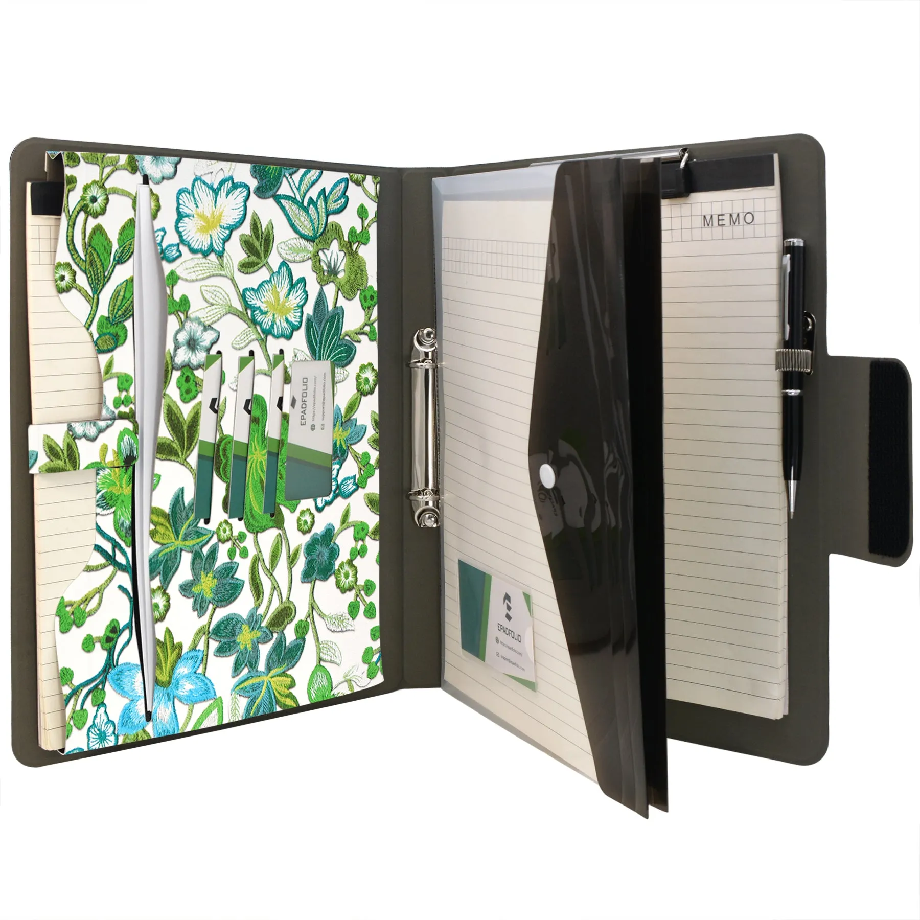 Padfolio Ring Binder with Expanded Document Bag, Flower Texture PU Leather Organizer Portfolio with 2-Ring Binder and Clipboard