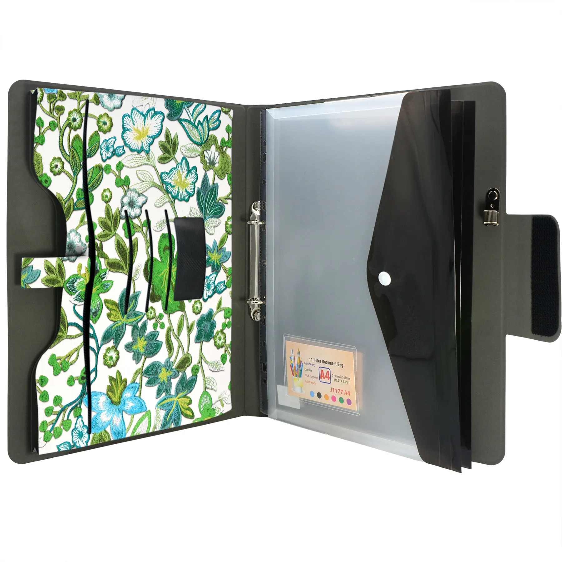 Padfolio Ring Binder with Expanded Document Bag, Flower Texture PU Leather Organizer Portfolio with 2-Ring Binder and Clipboard