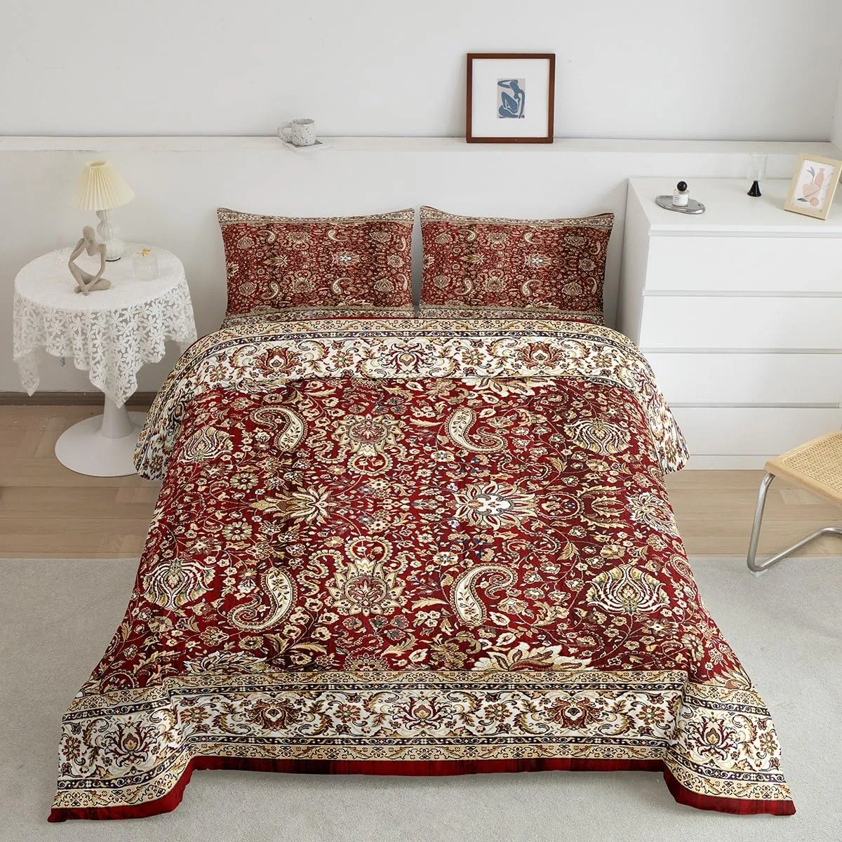 Paisley Comforter Set Full, Red Yellow Floral Bedding Set for Men Women, Boho Flowers Exotic Tribal Retro Fashion Down Comforter Bohemian Damask Medallion Egyptian Quilted Duvet