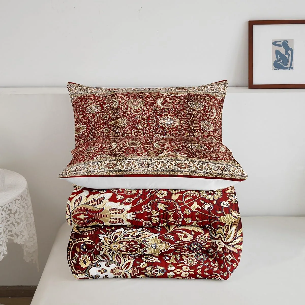 Paisley Comforter Set Full, Red Yellow Floral Bedding Set for Men Women, Boho Flowers Exotic Tribal Retro Fashion Down Comforter Bohemian Damask Medallion Egyptian Quilted Duvet