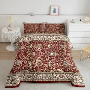 Paisley Comforter Set Full, Red Yellow Floral Bedding Set for Men Women, Boho Flowers Exotic Tribal Retro Fashion Down Comforter Bohemian Damask Medallion Egyptian Quilted Duvet