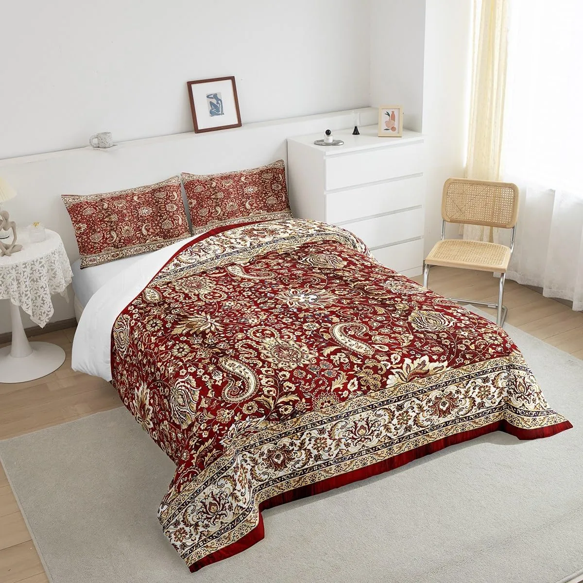 Paisley Comforter Set Full, Red Yellow Floral Bedding Set for Men Women, Boho Flowers Exotic Tribal Retro Fashion Down Comforter Bohemian Damask Medallion Egyptian Quilted Duvet