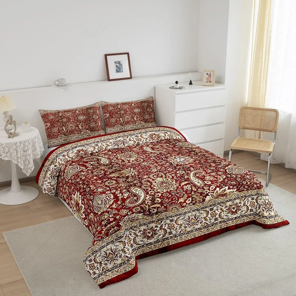 Paisley Comforter Set Full, Red Yellow Floral Bedding Set for Men Women, Boho Flowers Exotic Tribal Retro Fashion Down Comforter Bohemian Damask Medallion Egyptian Quilted Duvet