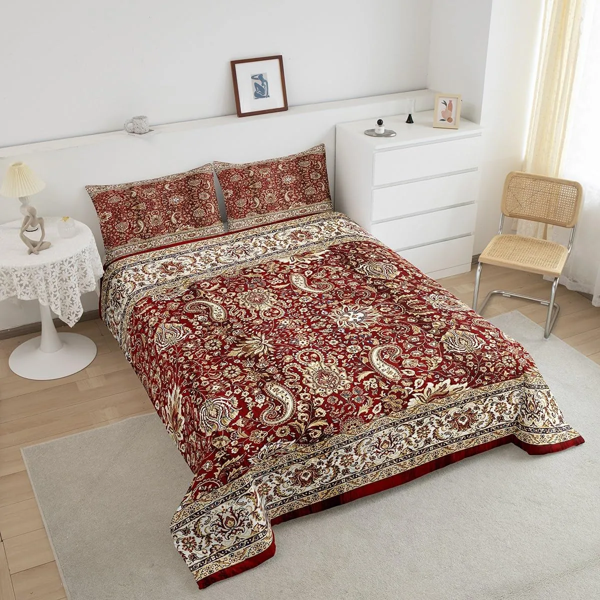 Paisley Comforter Set Full, Red Yellow Floral Bedding Set for Men Women, Boho Flowers Exotic Tribal Retro Fashion Down Comforter Bohemian Damask Medallion Egyptian Quilted Duvet