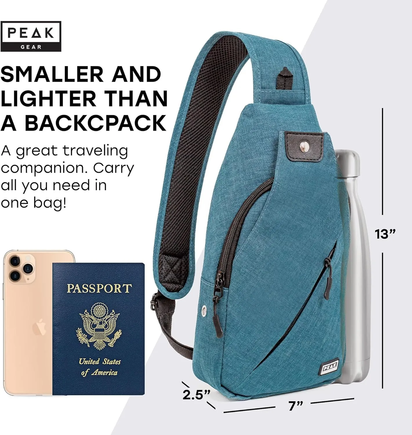 Peak Gear Travel Sling Bag. Compact Crossbody Bag | Lighter and Smaller than a Backpack | Lifetime Lost & Found ID Tag