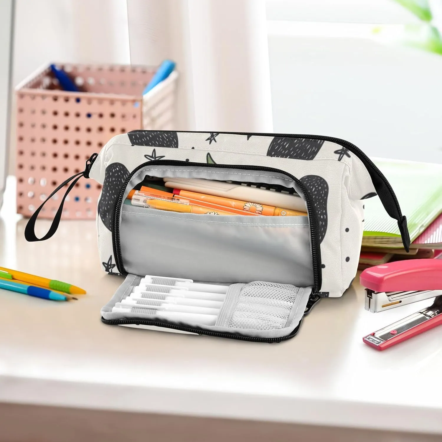Pencil Case Pouch Aesthetic With Zipper Cute Cosmetic Bag Large For Teen Girls Boys Adults Avocados Leaves Boho White