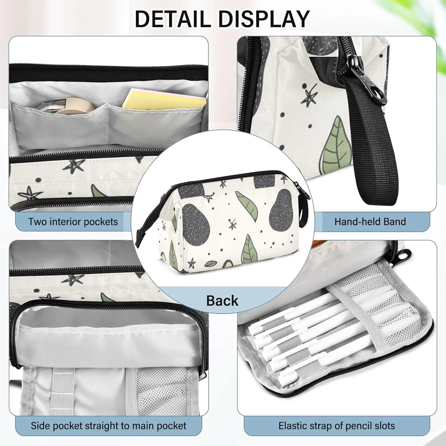 Pencil Case Pouch Aesthetic With Zipper Cute Cosmetic Bag Large For Teen Girls Boys Adults Avocados Leaves Boho White