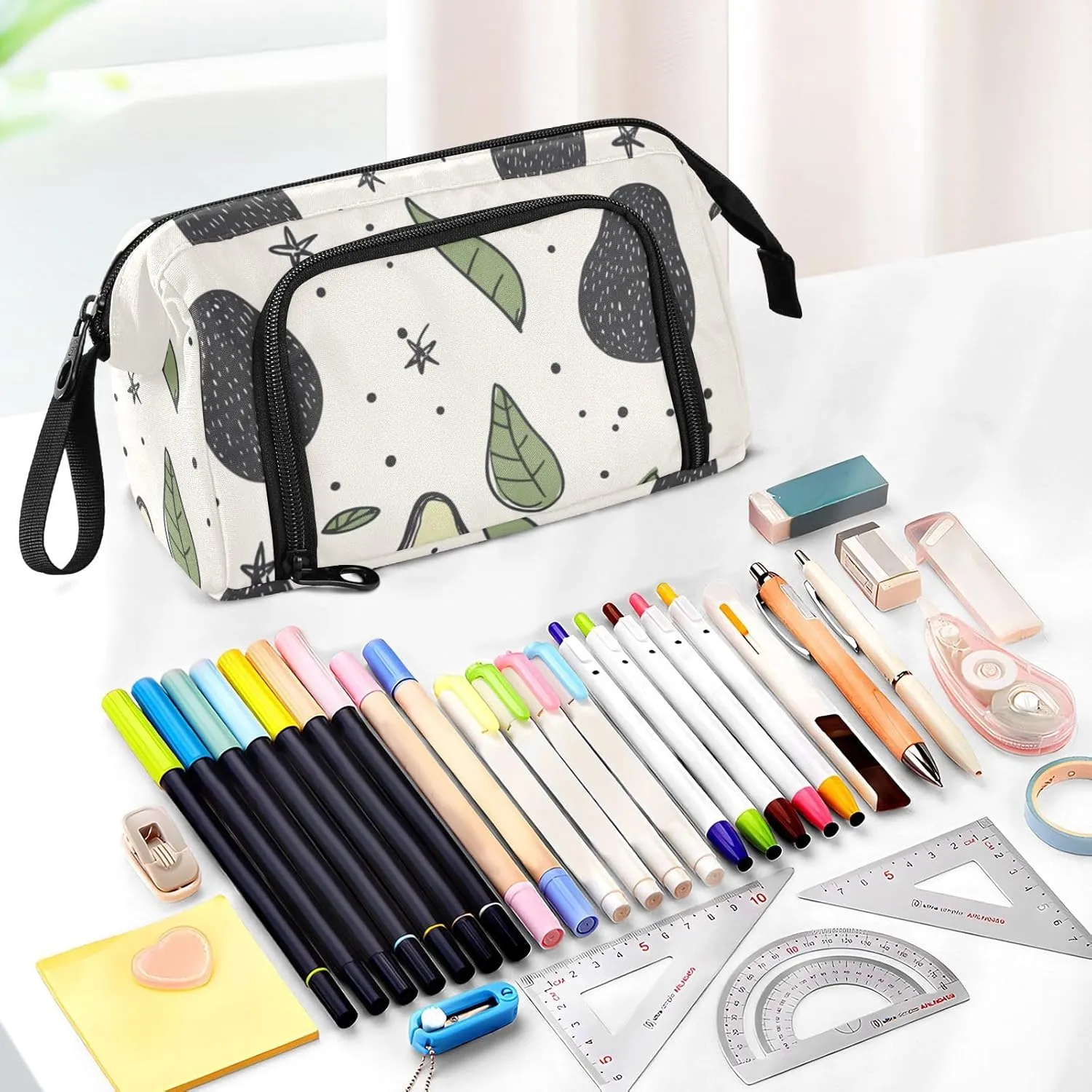 Pencil Case Pouch Aesthetic With Zipper Cute Cosmetic Bag Large For Teen Girls Boys Adults Avocados Leaves Boho White