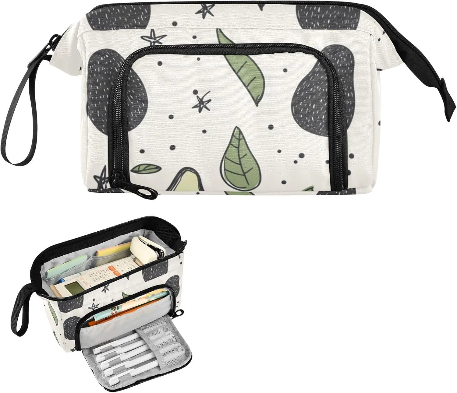 Pencil Case Pouch Aesthetic With Zipper Cute Cosmetic Bag Large For Teen Girls Boys Adults Avocados Leaves Boho White
