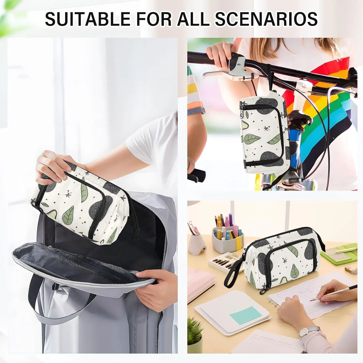 Pencil Case Pouch Aesthetic With Zipper Cute Cosmetic Bag Large For Teen Girls Boys Adults Avocados Leaves Boho White