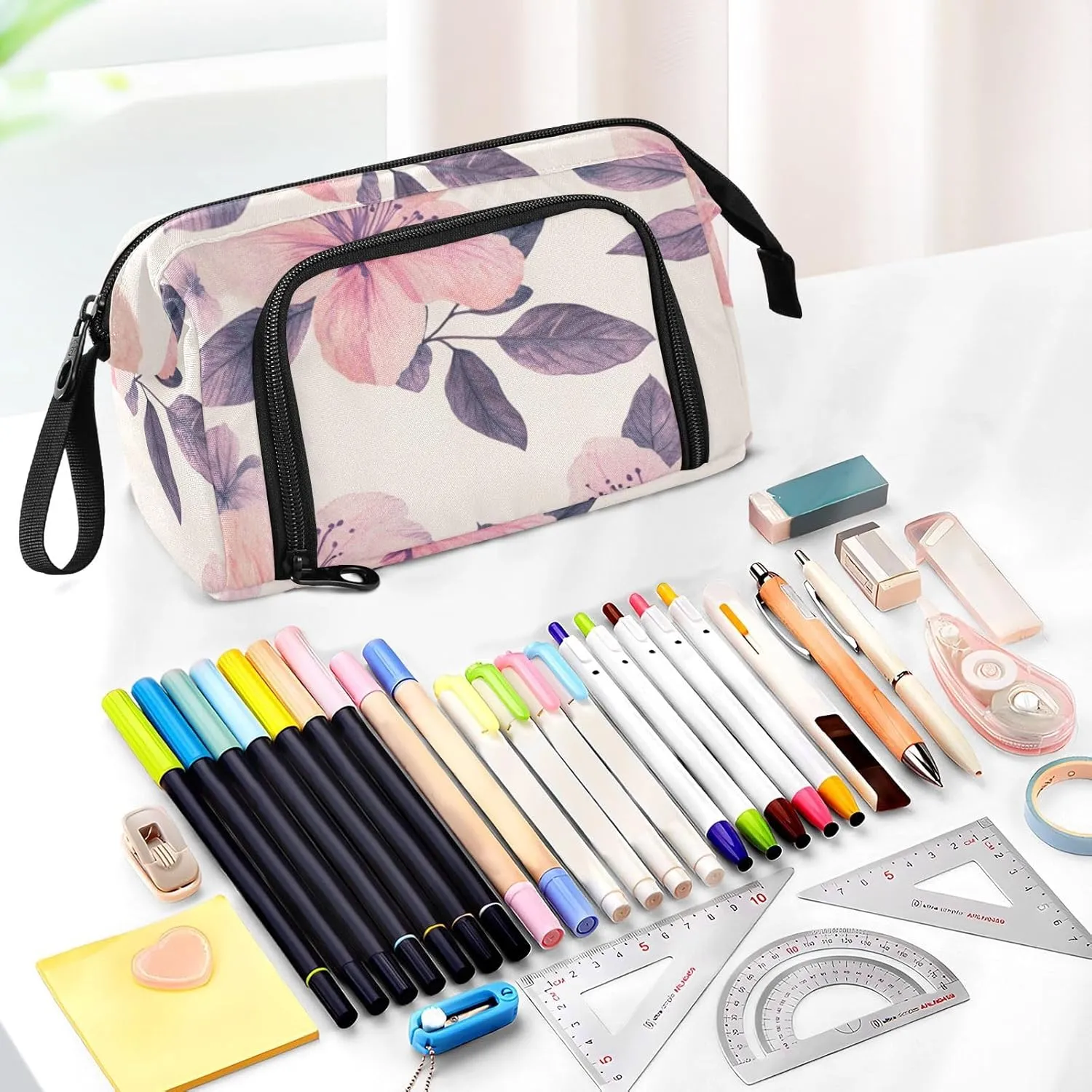 Pencil Case Pouch Aesthetic With Zipper Cute Cosmetic Bag Large For Teen Girls Boys Adults Boho Azalea Pink