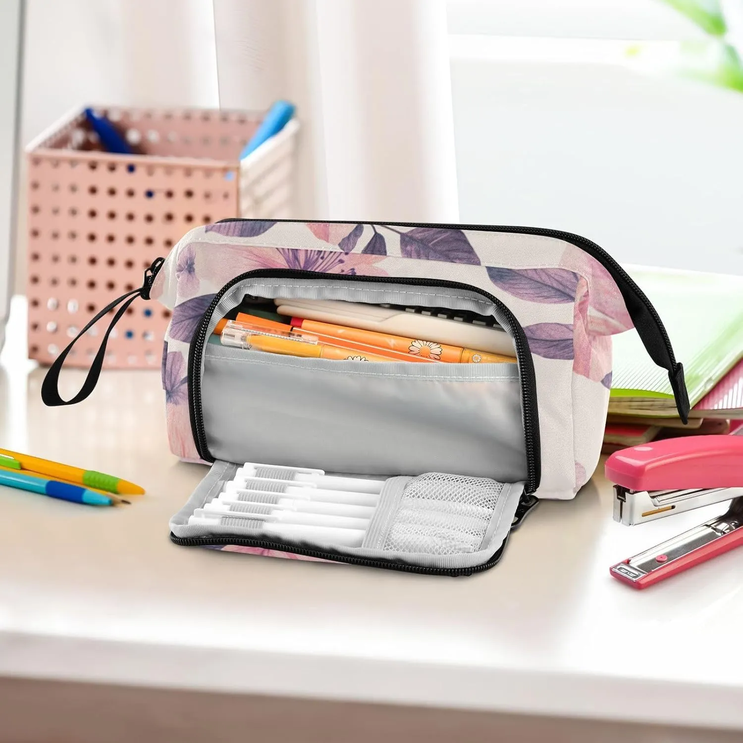 Pencil Case Pouch Aesthetic With Zipper Cute Cosmetic Bag Large For Teen Girls Boys Adults Boho Azalea Pink