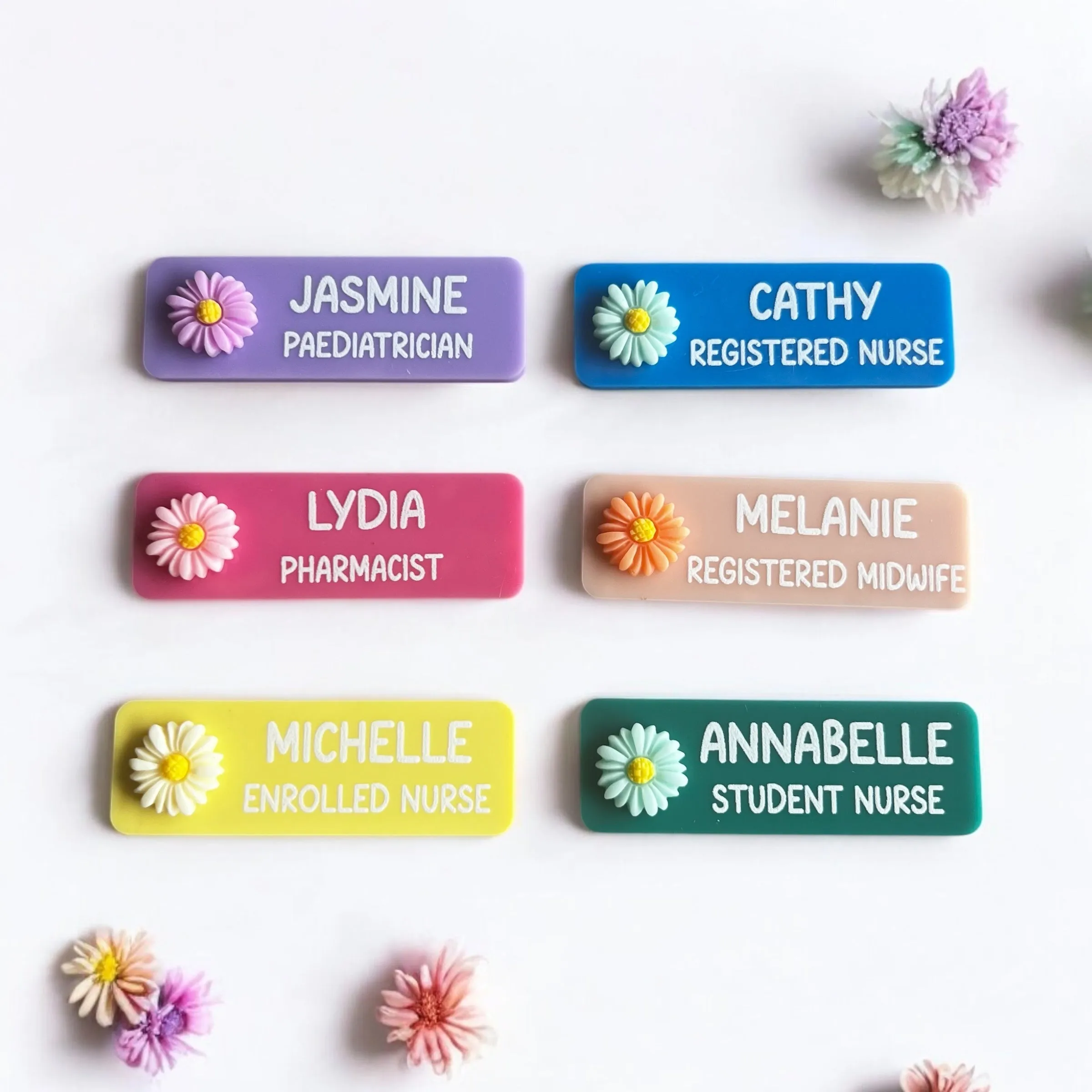 Personalised Coloured flower Name Badges Printed