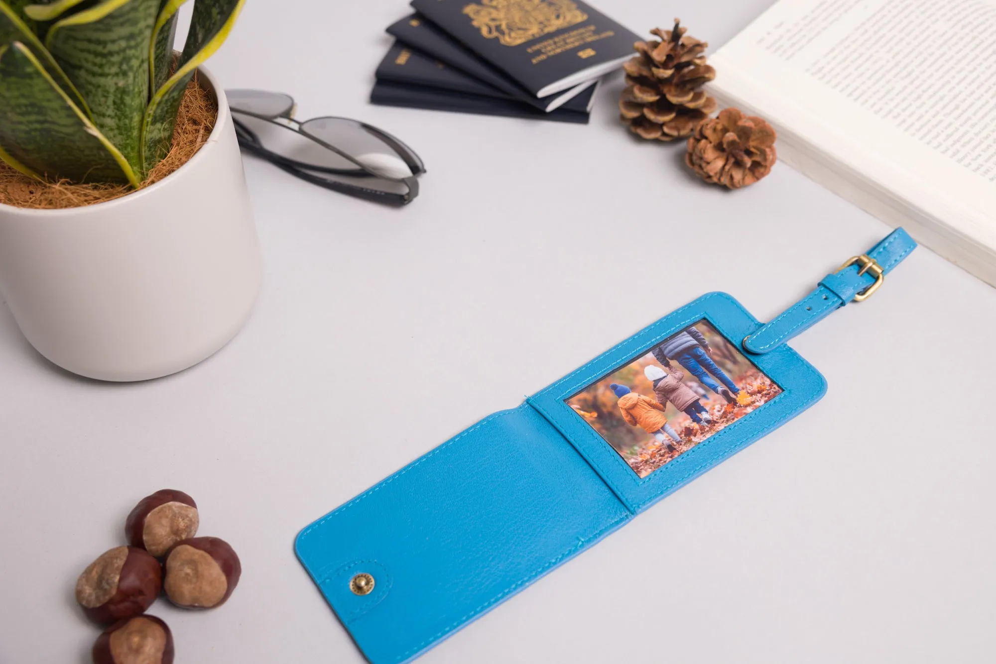 Personalised Engraved Blue Leather Luggage Tag
