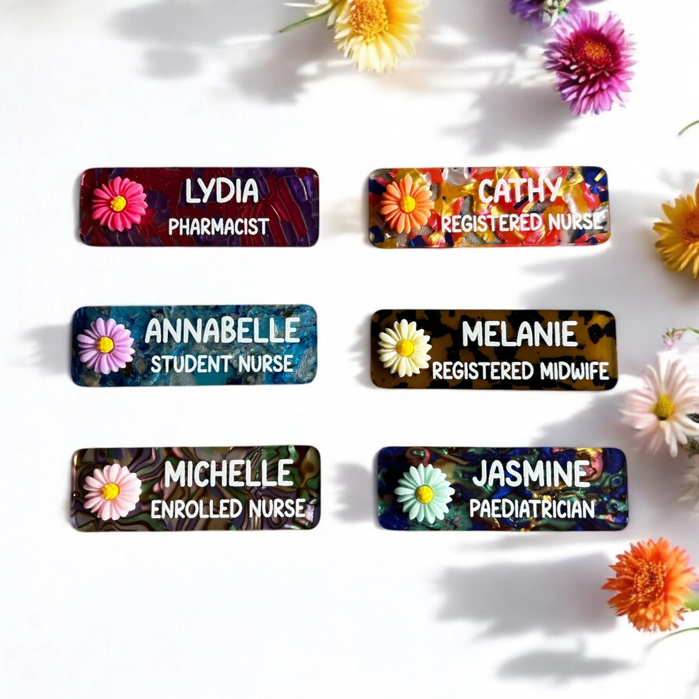 Personalised Patterned acrylic Coloured flower Name Badges Printed