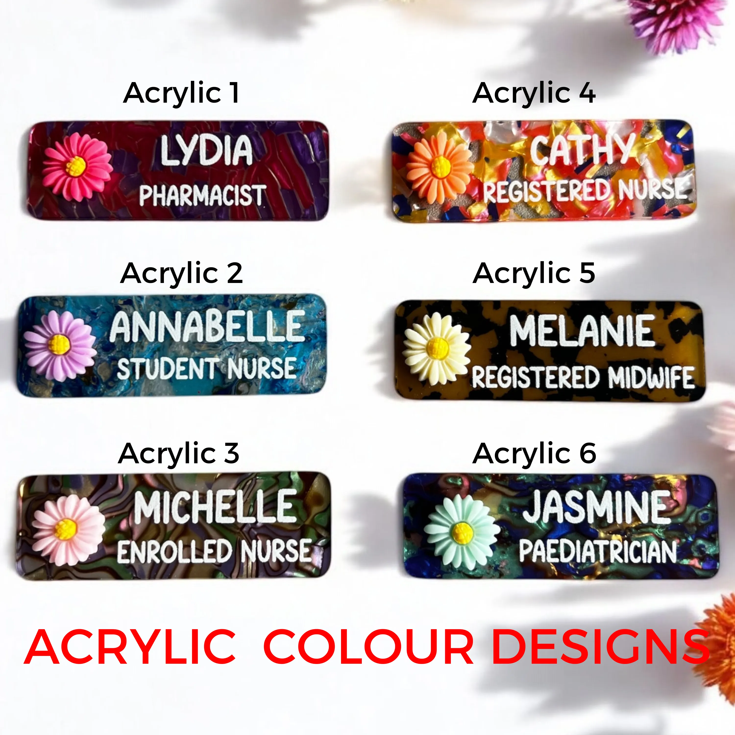 Personalised Patterned acrylic Coloured flower Name Badges Printed