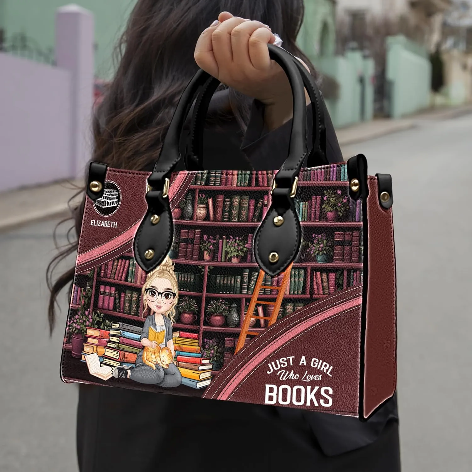 Personalized Book Lover Leather Bag, Just A Girl Who Loves Book Handbag With Name, Books Purse, Gifts For Readers, Writer