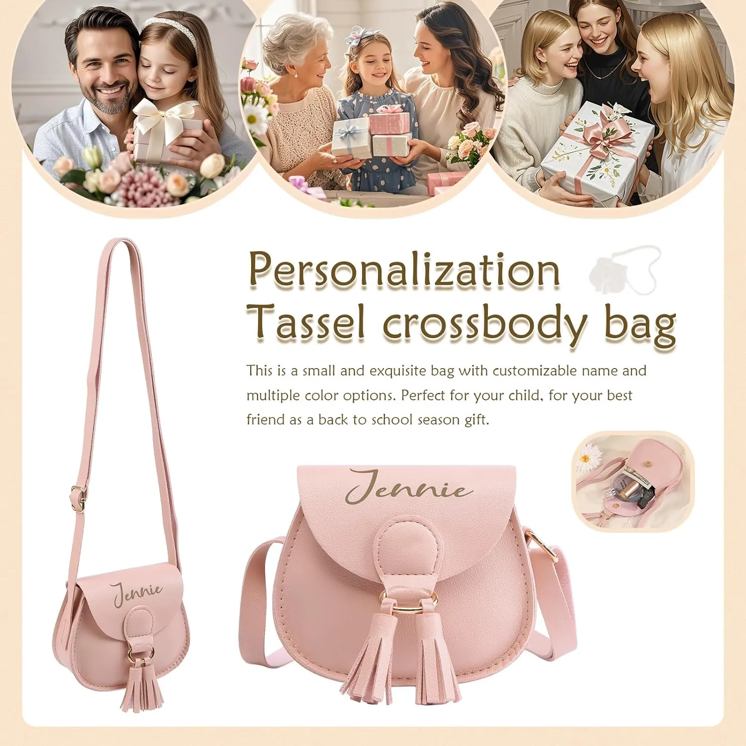 Personalized Crossbody Bag for Girls – Custom Name Mini Purse for Kids, PU Leather Shoulder Bag with Adjustable Strap