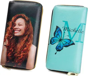 Personalized Custom Photo Zipper Wallet for Women Girlfriend Sunflower Wallet with Engraved Your Name Long Leather RFID Wallet (butterfly wallet)
