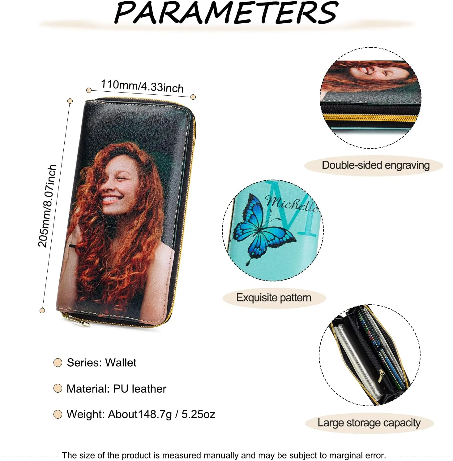 Personalized Custom Photo Zipper Wallet for Women Girlfriend Sunflower Wallet with Engraved Your Name Long Leather RFID Wallet (butterfly wallet)