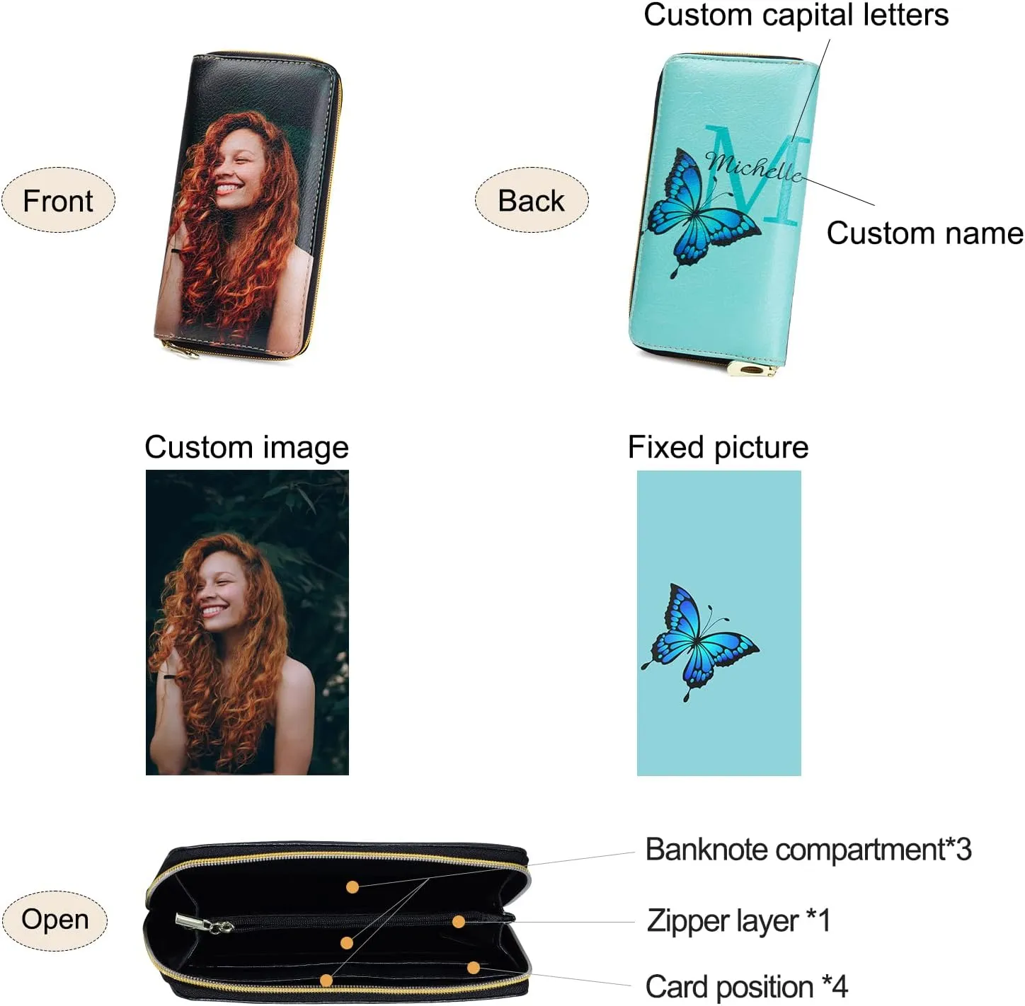 Personalized Custom Photo Zipper Wallet for Women Girlfriend Sunflower Wallet with Engraved Your Name Long Leather RFID Wallet (butterfly wallet)