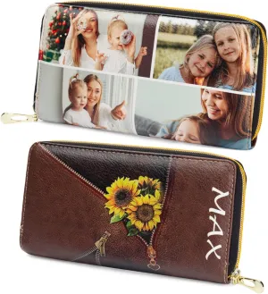 Personalized Custom Photo Zipper Wallet for Women Girlfriend Sunflower Wallet with Engraved Your Name Long Leather RFID Wallet (sunflower wallet-2)