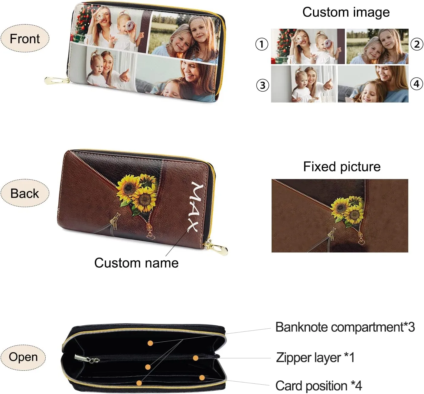 Personalized Custom Photo Zipper Wallet for Women Girlfriend Sunflower Wallet with Engraved Your Name Long Leather RFID Wallet (sunflower wallet-2)