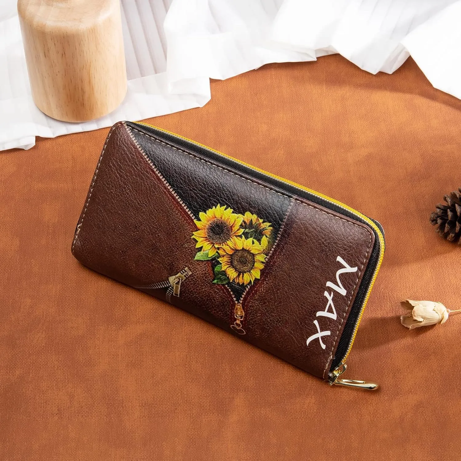 Personalized Custom Photo Zipper Wallet for Women Girlfriend Sunflower Wallet with Engraved Your Name Long Leather RFID Wallet (sunflower wallet-2)