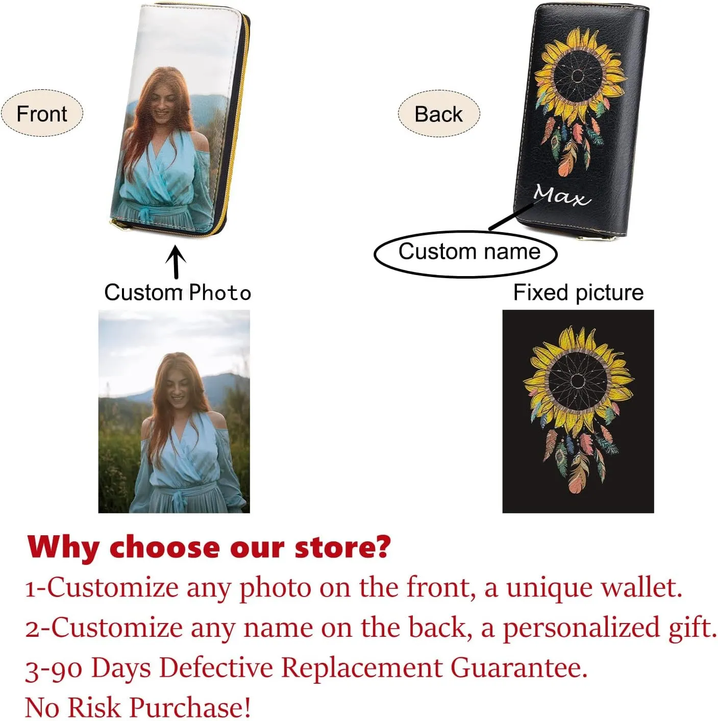 Personalized Custom Photo Zipper Wallet for Women Girlfriend Sunflower Wallet with Engraved Your Name Long Leather RFID Wallet (sunflower wallet)