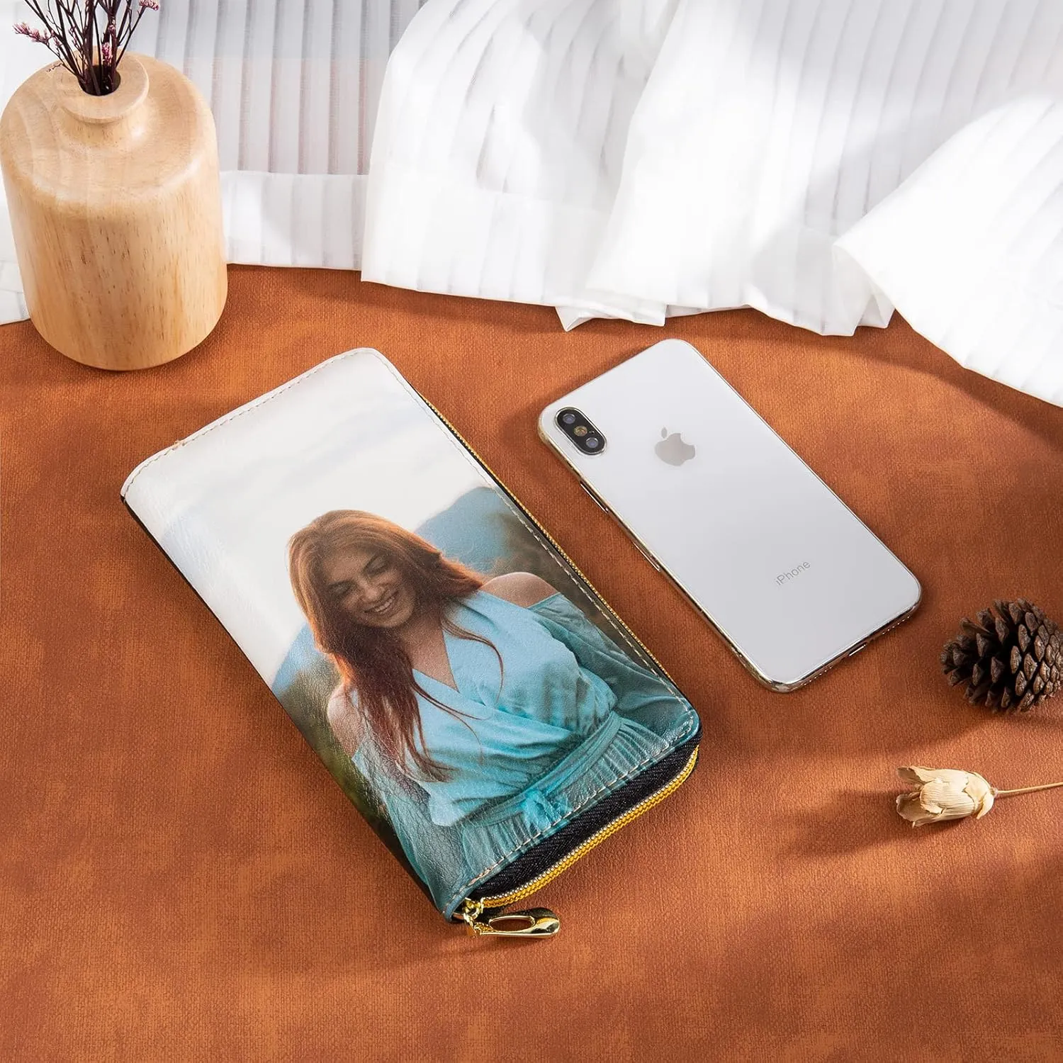 Personalized Custom Photo Zipper Wallet for Women Girlfriend Sunflower Wallet with Engraved Your Name Long Leather RFID Wallet (sunflower wallet)