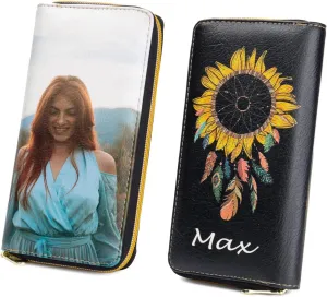 Personalized Custom Photo Zipper Wallet for Women Girlfriend Sunflower Wallet with Engraved Your Name Long Leather RFID Wallet (sunflower wallet)