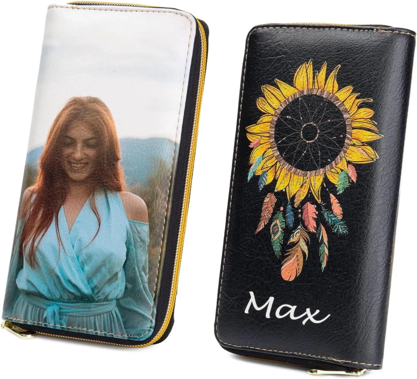 Personalized Custom Photo Zipper Wallet for Women Girlfriend Sunflower Wallet with Engraved Your Name Long Leather RFID Wallet (sunflower wallet)