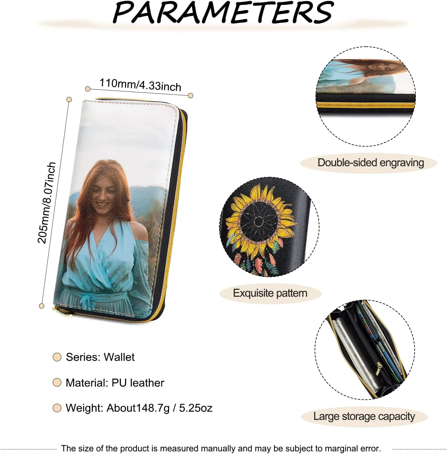 Personalized Custom Photo Zipper Wallet for Women Girlfriend Sunflower Wallet with Engraved Your Name Long Leather RFID Wallet (sunflower wallet)
