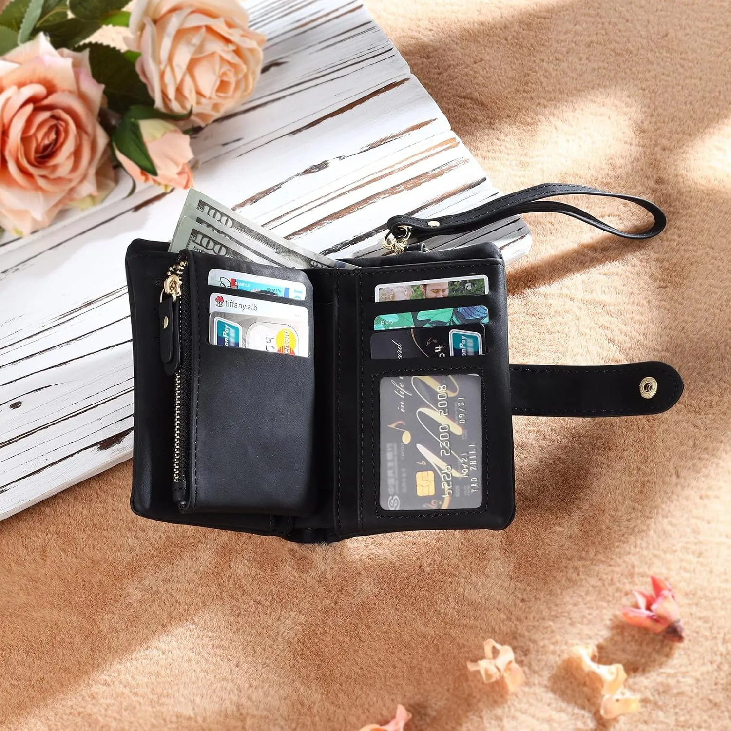 Personalized Custom Wallet with Birth Flower & Name for Women Mom Credit Card Wallet With Wrist Strap Birthday Gifts for Mothers Day (Style 3)
