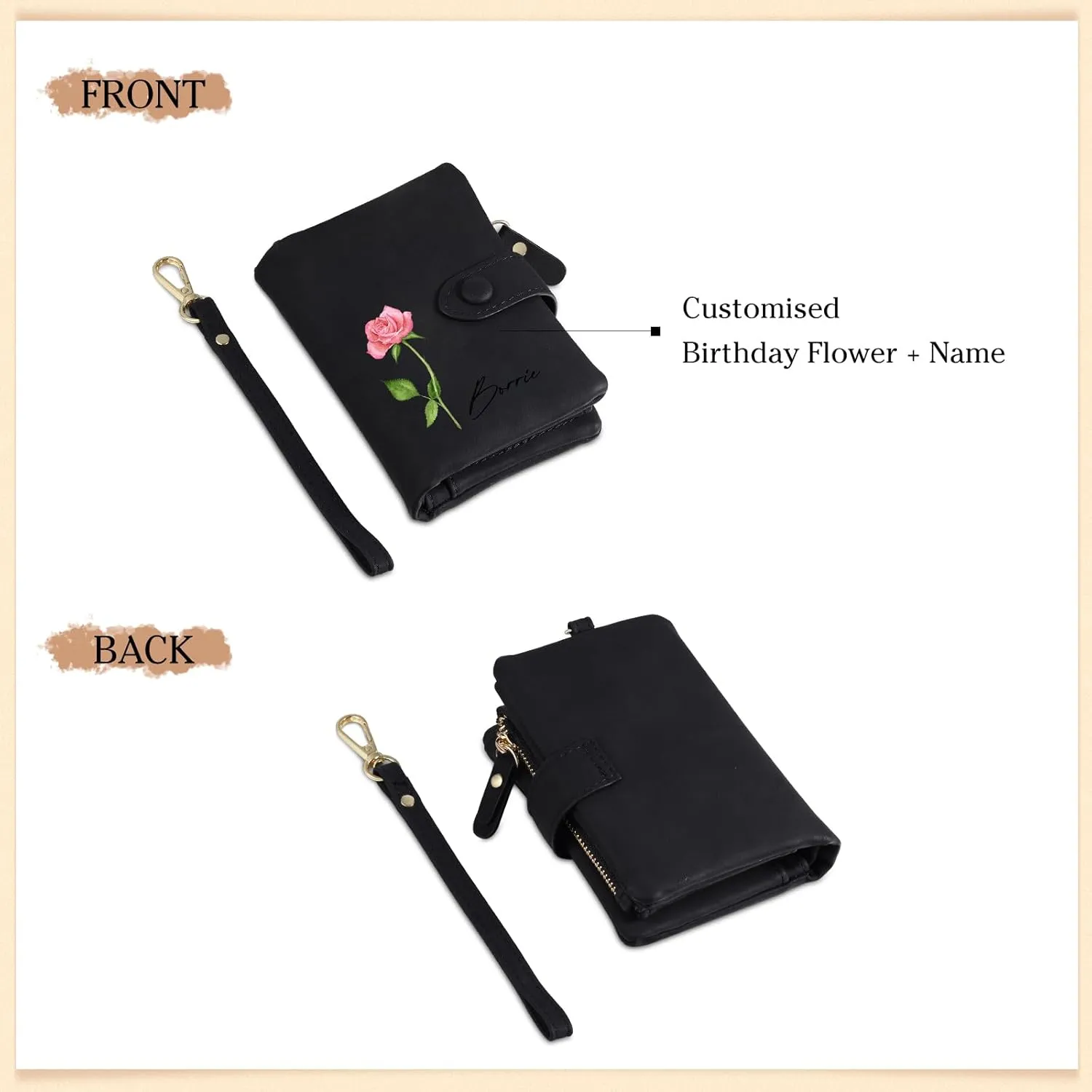 Personalized Custom Wallet with Birth Flower & Name for Women Mom Credit Card Wallet With Wrist Strap Birthday Gifts for Mothers Day (Style 3)