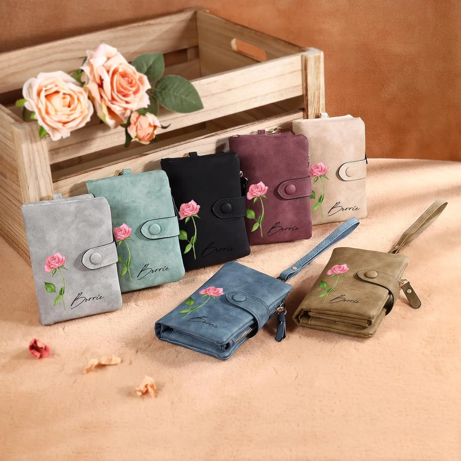Personalized Custom Wallet with Birth Flower & Name for Women Mom Credit Card Wallet With Wrist Strap Birthday Gifts for Mothers Day (Style 3)