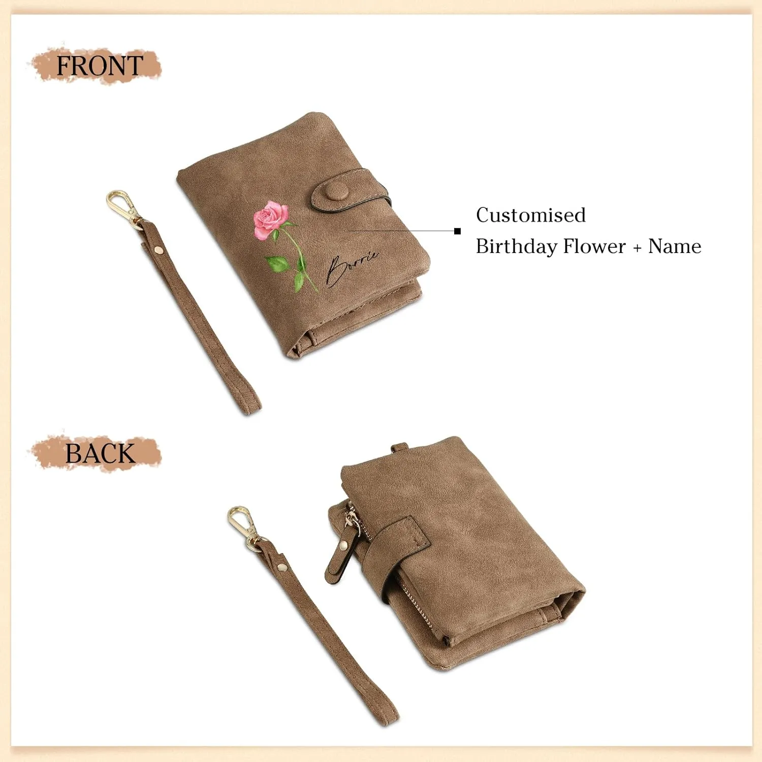 Personalized Custom Wallet with Birth Flower & Name for Women Mom Credit Card Wallet With Wrist Strap Birthday Gifts for Mothers Day (Style 6)