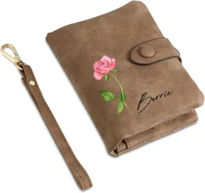 Personalized Custom Wallet with Birth Flower & Name for Women Mom Credit Card Wallet With Wrist Strap Birthday Gifts for Mothers Day (Style 6)